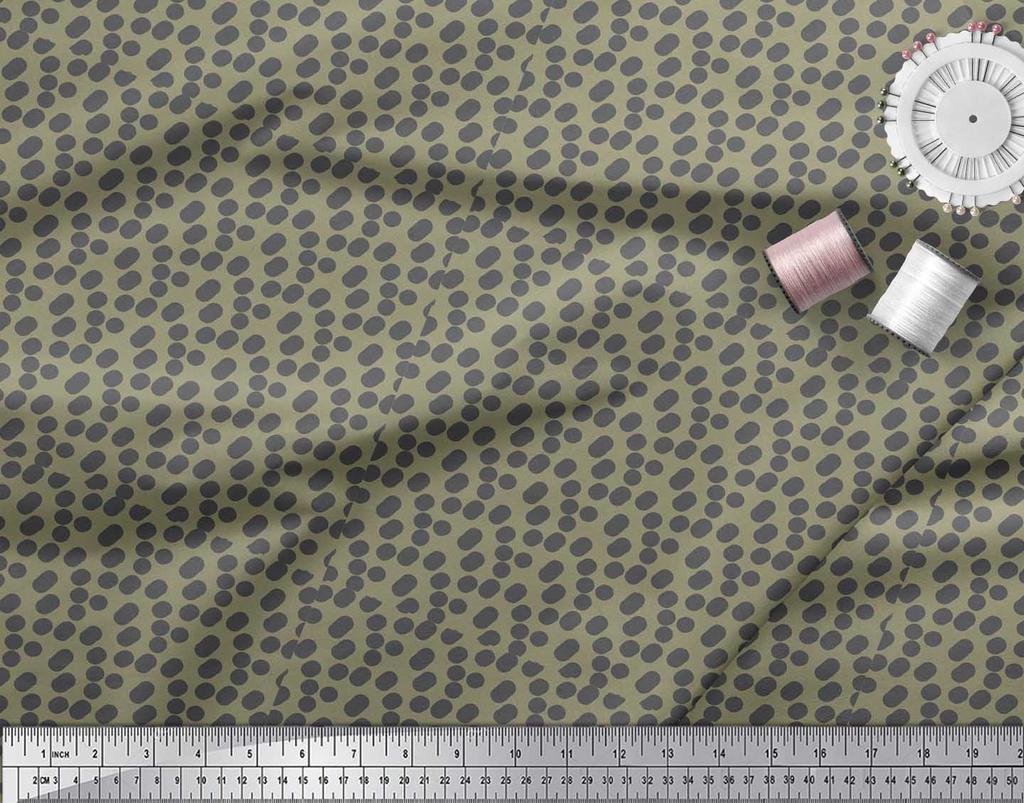 Soimoi Grüner Japanischer Krepp-Satin Stoff Pinselstrich & Punkte Abstrakter Druck Stoff pro Meter 42 Zoll