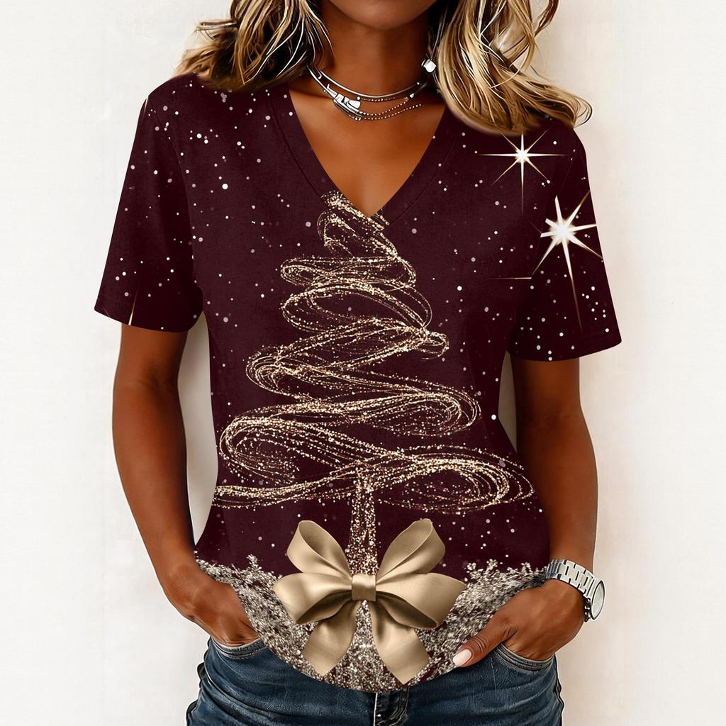 Women's Casual Short Sleeve V-Neck Christmas Print Pullover Top