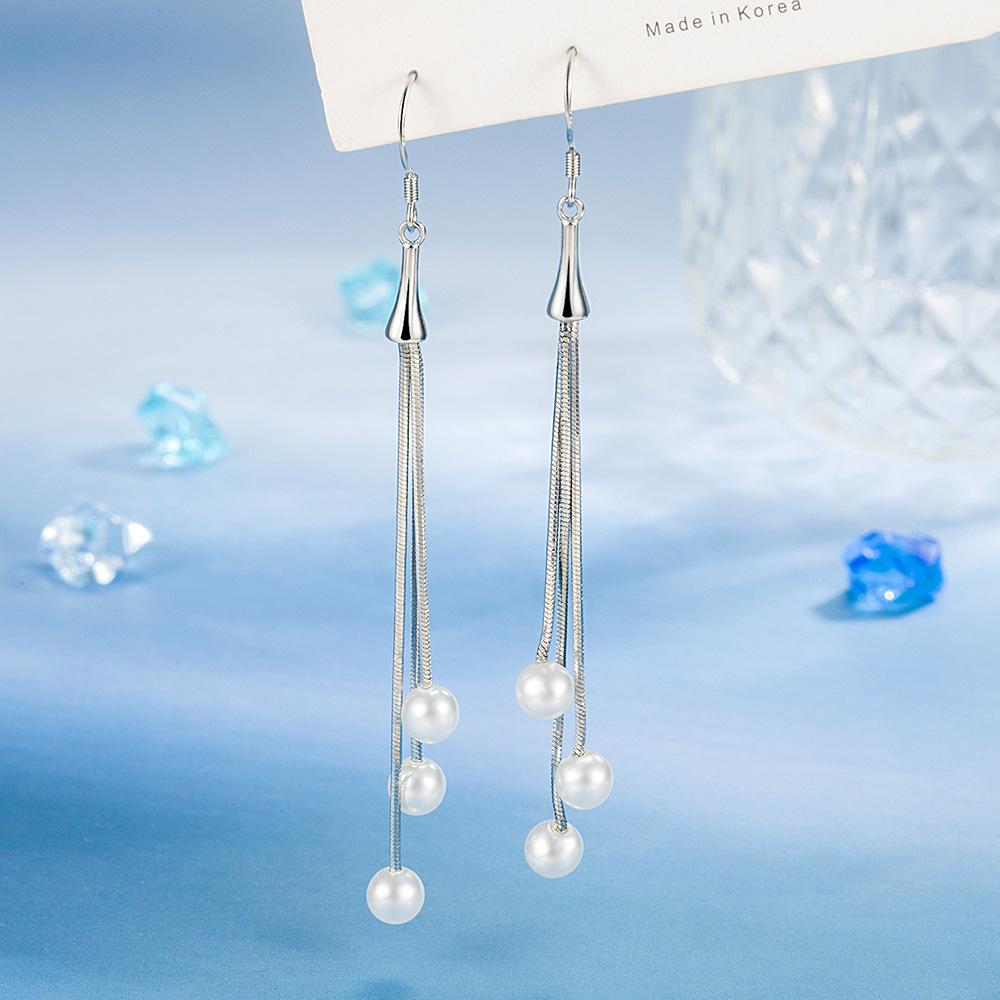 Tassel Sterling Pearl Drop Earrings for Women Silver Needle Long Dangle Hanging Earring Fashion Wedding Ear Gift