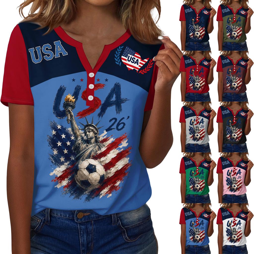 Women's Casual V-Neck Short Sleeve Button Down T-Shirt with Soccer Graphic Print