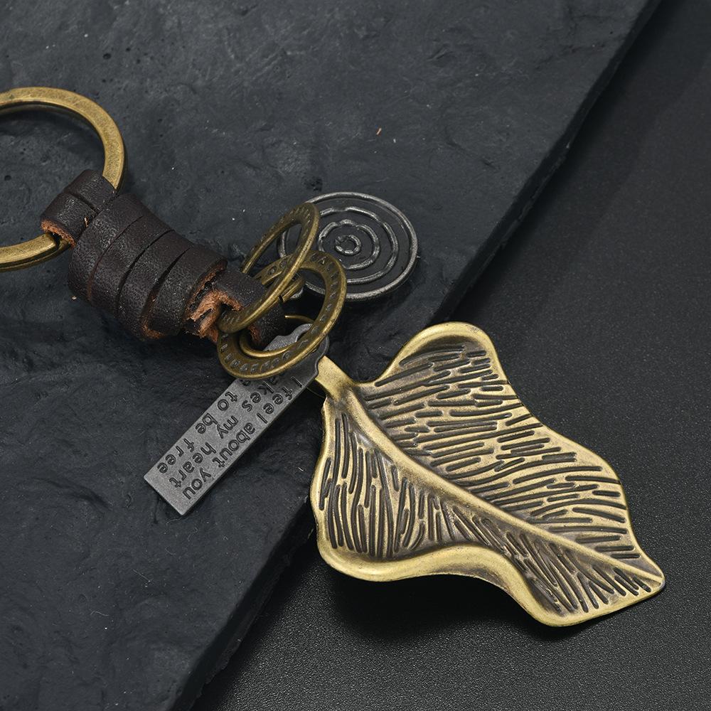 Bicycle Keychain Men's and Women's Gifts Alloy Bronze Smiley Face Hexagram Retro Woven Cowhide Keychain