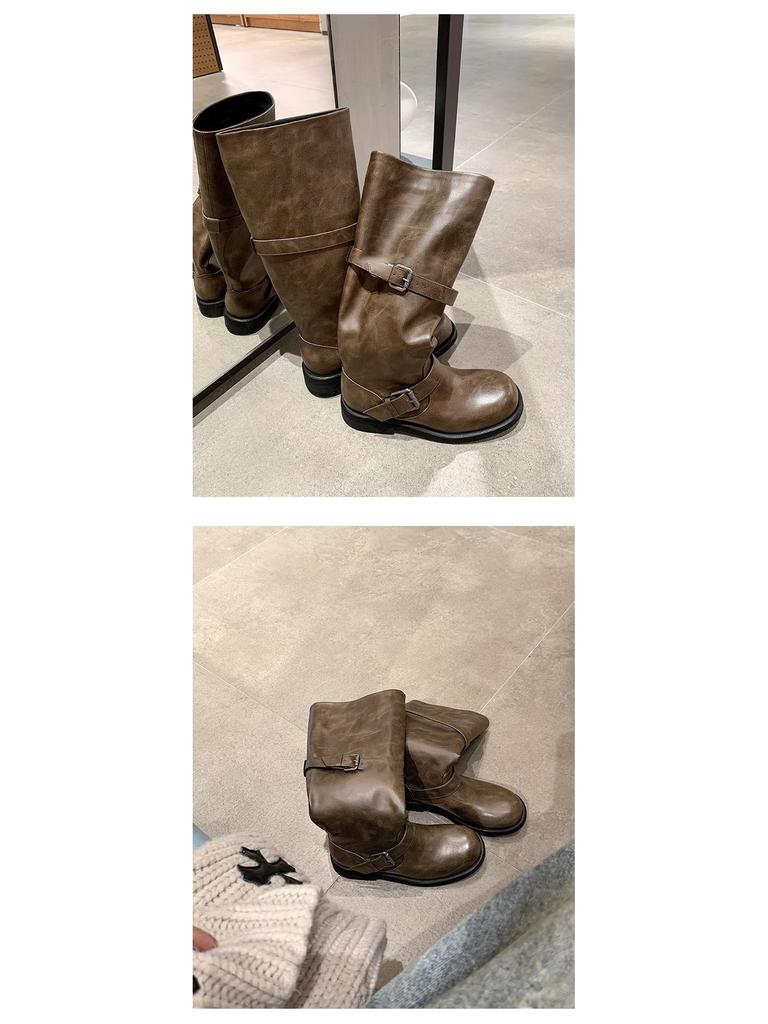 Su Yinyin Retro Cowhide Double Buckle Over-the-Knee Chunky Heel Round Toe Knight Boots for Women