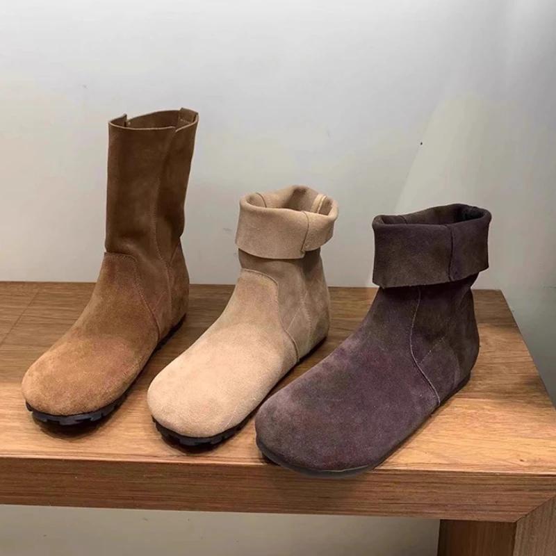 Spring Autumn Vintage Women Flats Ankle Boots Shoes Fashion Round Toe Slip On Pleated Short Booties