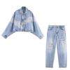 Stile europeo e americano, abbigliamento da donna all'ingrosso, giacca corta in denim con pizzo versatile e alla moda + jeans