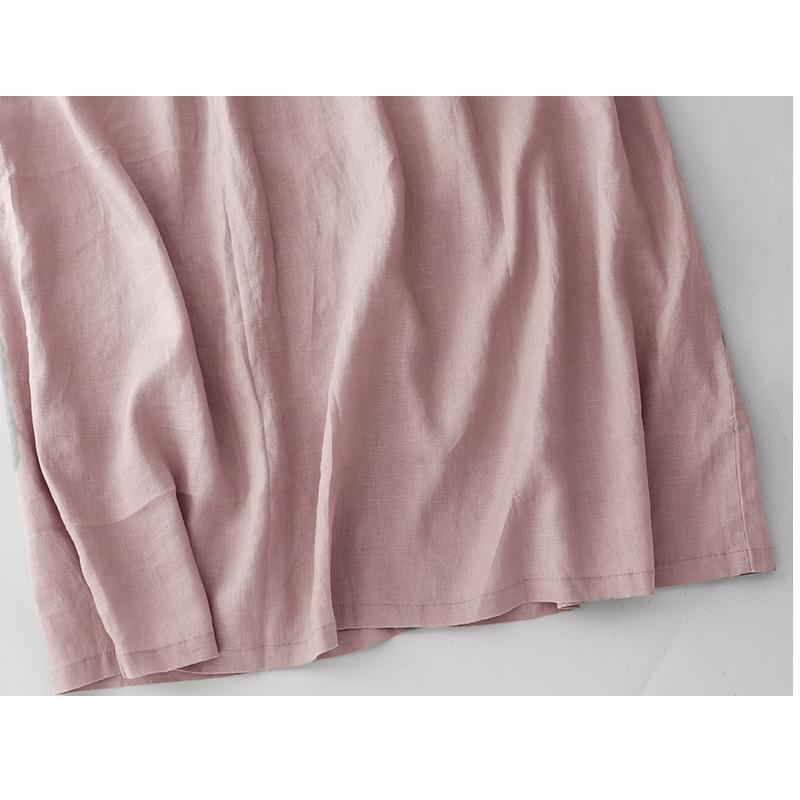 Women's Cotton, Linen, Lotus Root Pink Summer Loose Mid Length Short Sleeved Dress