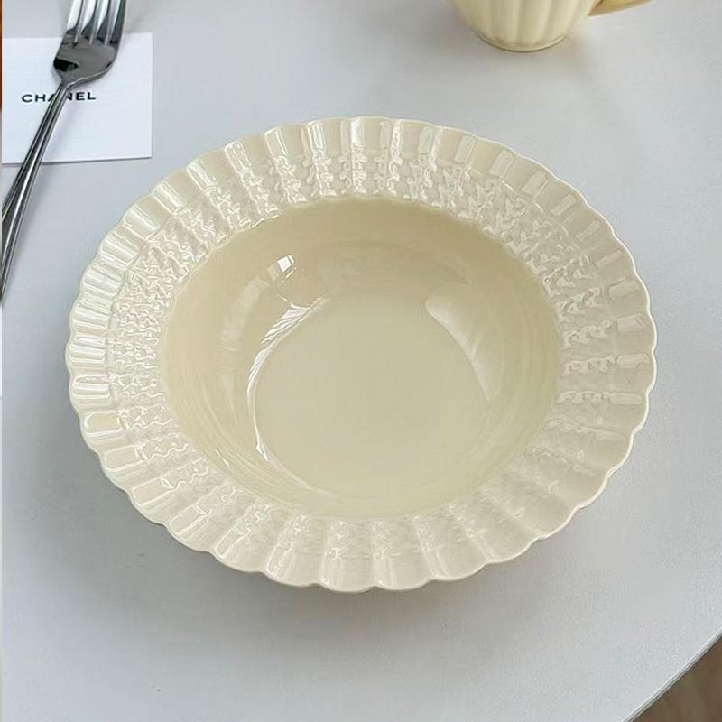 Relief Ceramic Straw Hat Plates Household Nordic Style Vintage Light Luxury Dinner Dish Floral Shape Deepen Kitchen Tableware