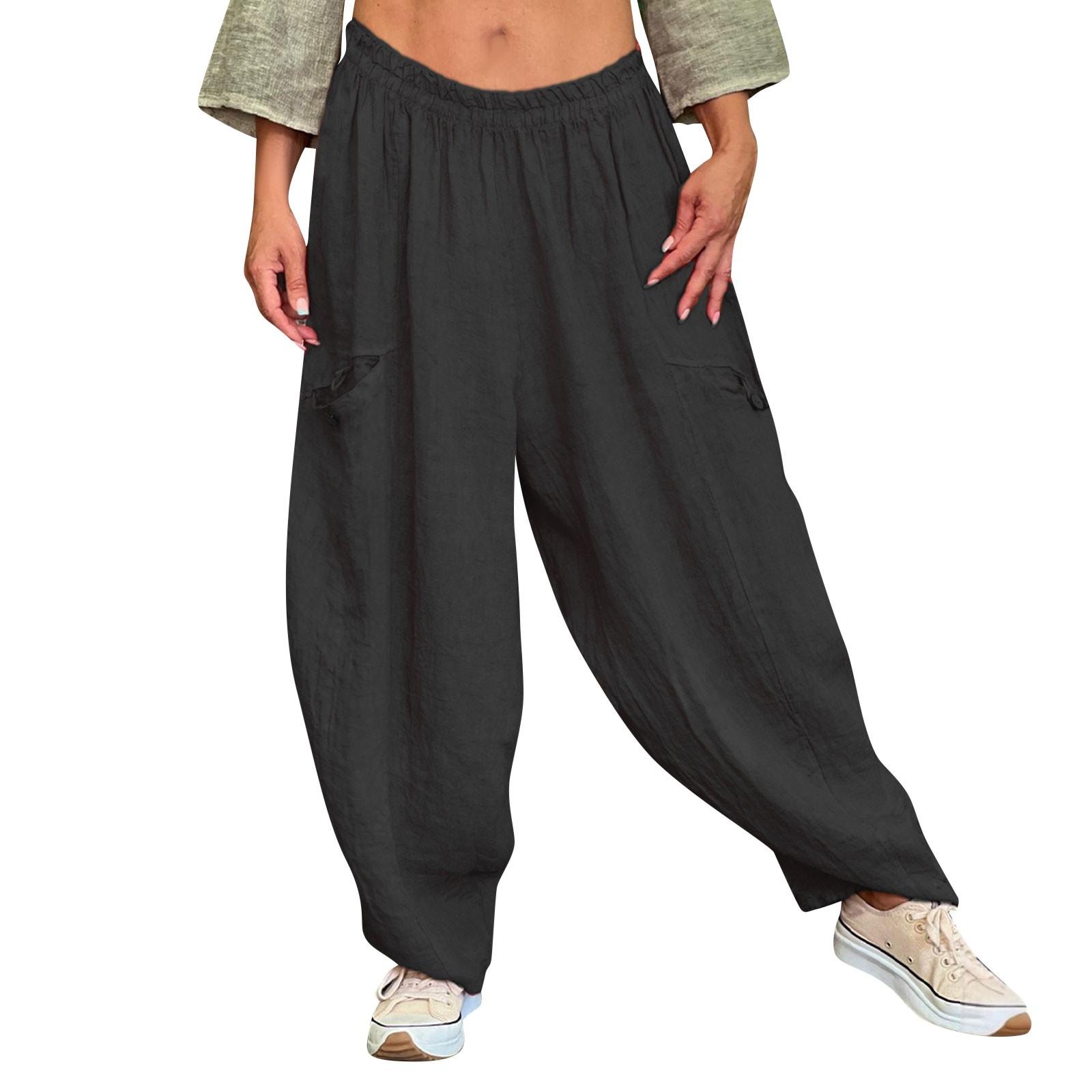 

Женские модные брюки однотонные повседневные брюки с эластичной резинкой на талии и карманами L чёрный