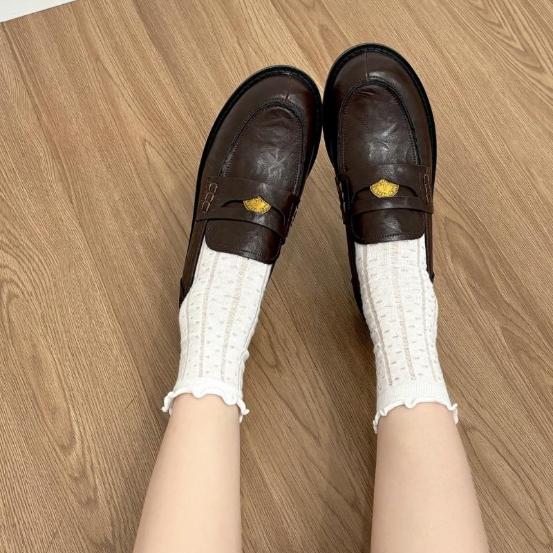 [Su Family] Cowhide Edition~ Flat Bottom~ Horse Leather Retro Polished Small Gold Coin Loafu Single Shoes Women's Small Leather Shoes