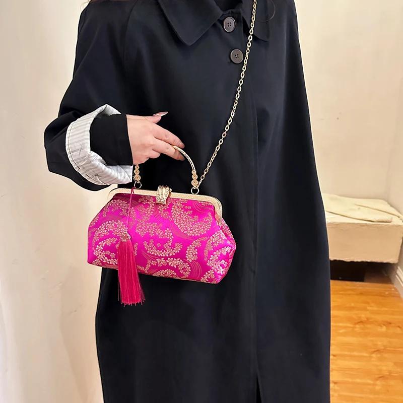 Luxury Evening  For Women  Designer  Lock  Shell Clip  Handmade  Tassel  Fabric Bags  Shoulder Chain Bags  Orange Messenger Bags