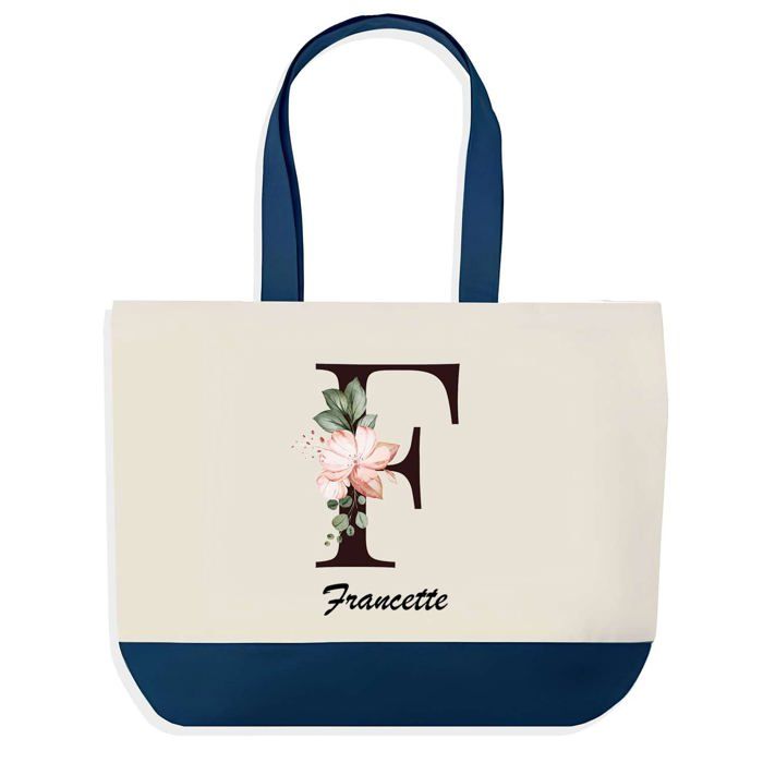 Sac cabas - PLANETEE - Francette - Fond bleu Lettre Fleur - Coton 40x45 cm - Grand format