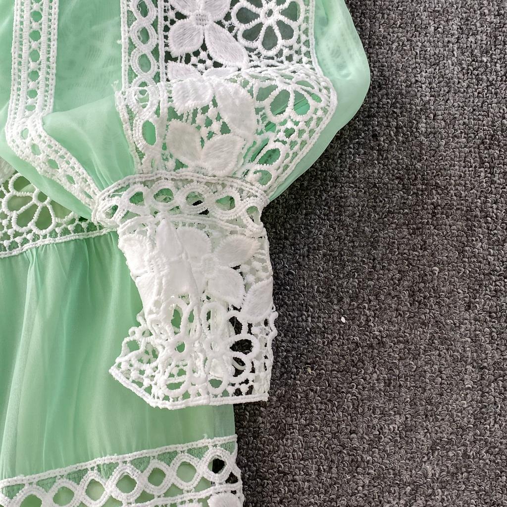 Vestidos de Noite de Baile de Outono de Designer de Luxo Vazados Bordados Para Mulheres Renda Patchwork Decote em V Manga Longa Lanterna Maxi Robe