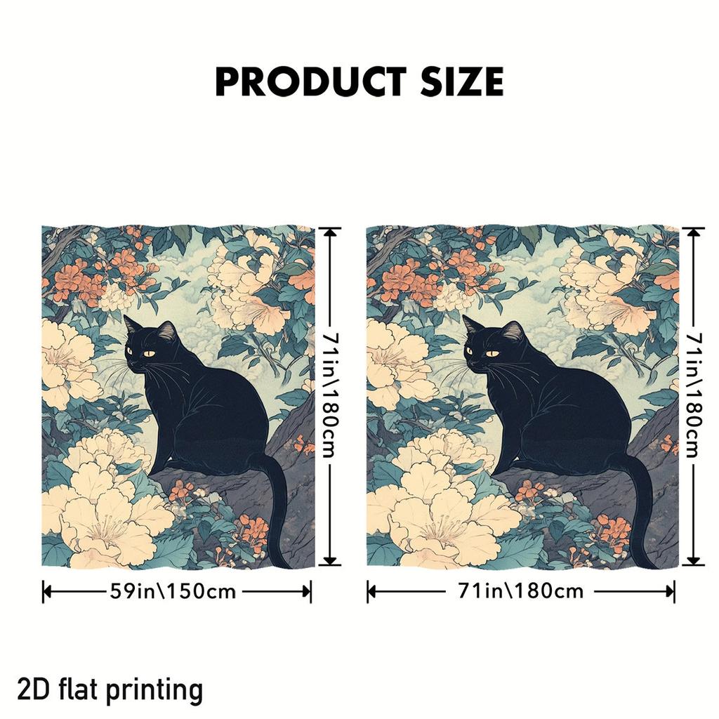 Black Cat Shower Curtain – Vibrant Floral Branch Design, 2D Flat Print, Heavy-Duty Waterproof Polyester, 70×70", 12 Hooks