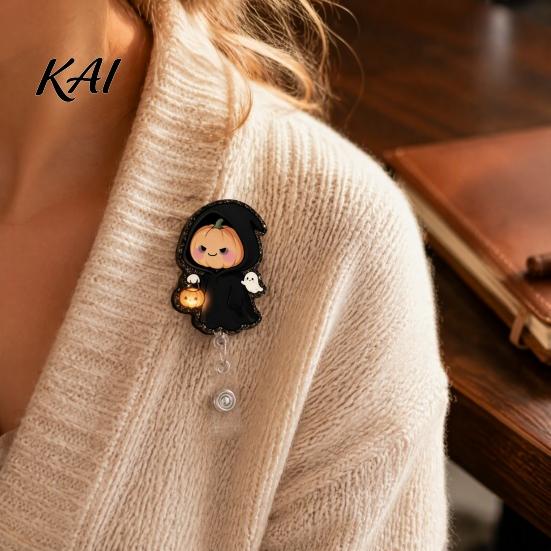 Pumpkin Badge Clip Halloween Retractable Reel, Cute And Grim Reaper Design, Acrylic Reel Smooth Pull Cord for Nurse Doctor Teacher ID Card Party Gift