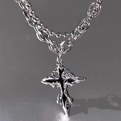 Hiphop Punk Long Chain Cross Necklace for Women Men Punk Double Layer Splicing Chain Necklace Charm Trend Neck Jewelry Halloween