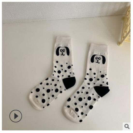Cartoon Puppy Embroidery Cute Socks Women Autumn and Winter Middle Tube Socks Korean Striped Cotton Knitted Elastic Long Socks