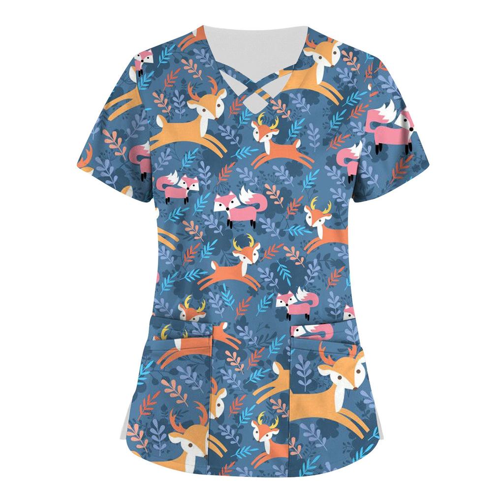 Plus Size Cute Printed Scrub Working Uniform Tops For Women Cross V-Neck Short Sleeve Fun T-Shirts Workwear Tee With Pockets