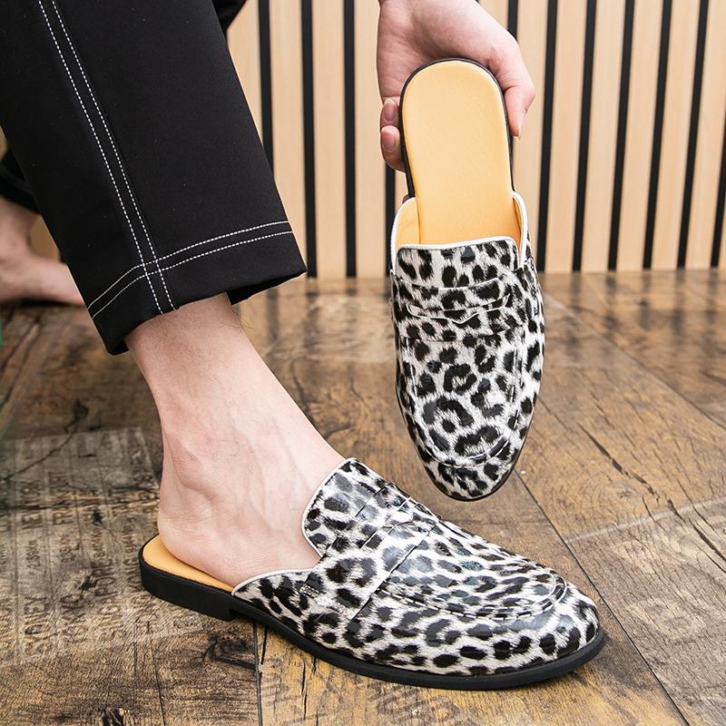 Men's Slippers Mule Loafers Leopard Print Leather Clogs Summer Dress Sandals Casual Backless Half-drag Shoes Plus Size