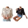 Cover Up Tops Loose Fit Round Neck Three-Quarter Sleeve Crochet Hollow Fabric Beach Cover Up Bohemian Tassel Hem Shirt