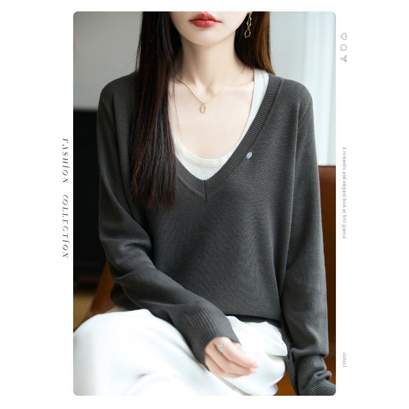 Women S V Neck Fake Two Piece Knit Sweater Long Sleeve Casual Top