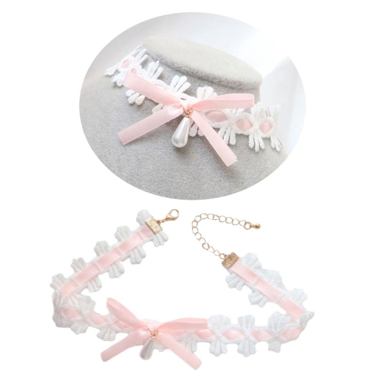 Elegant Lace Collar Necklace Maid Neck Collar Bowknot Lace Choker Necklace Chain Choker Suitable for Cosplay and Parties