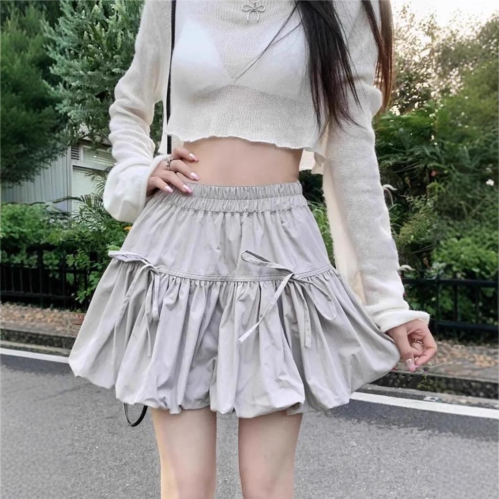 Women's Gray High-Waist Pleated Bow Skirt: Summer Slimming, Ant-Exposure Lantern Style