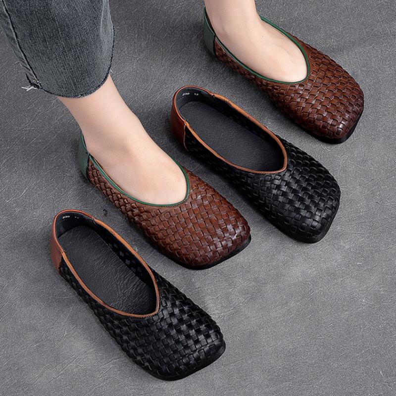Johnature Vintage Versatile Genuine Leather Woven Flat Shoes Handmade Square Toe Shallow Soft Sole Slip-on Shoes