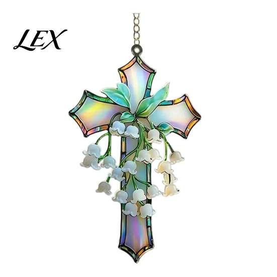 Holiday Commemorative Gift Lily of The Valley Suncatcher, Acrylic Stained Glass Style Hanging Indoor Ornament with Metal Chain, Elegant Floral Window