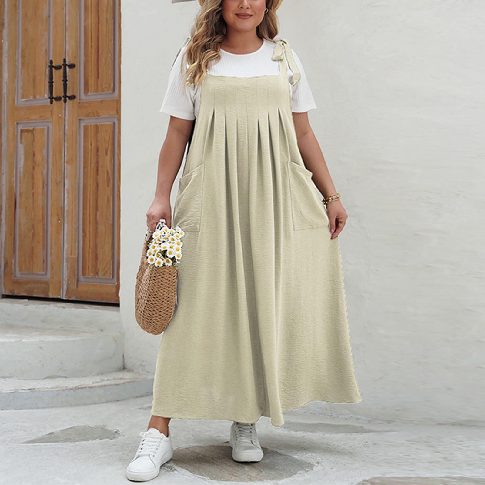 

Женские модные повседневные свободные однотонные платья без рукавов большого размера XXXXL бежевый