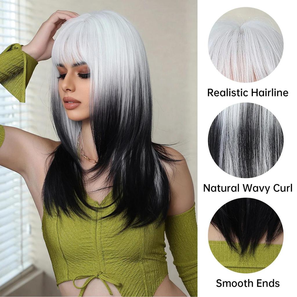 LOUIS FERRE Long Straight Synthetic Wigs for Women White Black Ombre Layered Hair With Bangs Heat Resistant Fiber Wigs for Daily