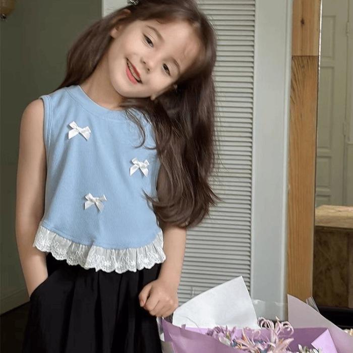 Girls Summer Sweet Sleeveless Top Korean Spliced Lace Bow Vest 90