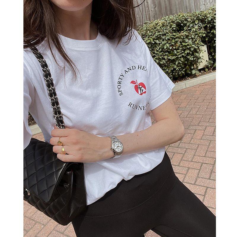 Runners Club American Retro Sports Style Pure Cotton Short-Sleeved T-shirt for Women