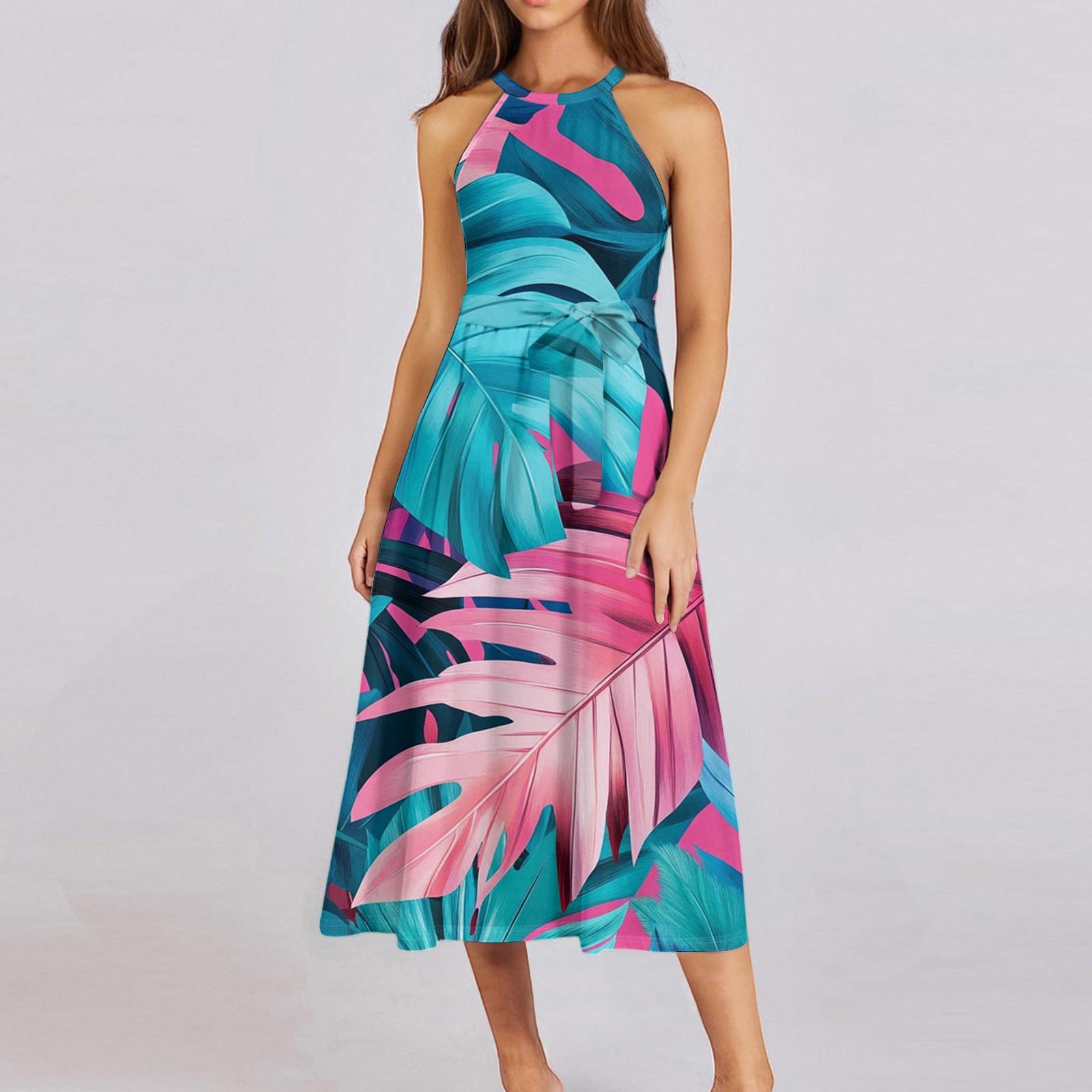 

Женское повседневное платье миди с круглым вырезом, классическое, повседневное, без рукавов, свободное платье в стиле бохо с завязками, летний пляжный сарафан XXL