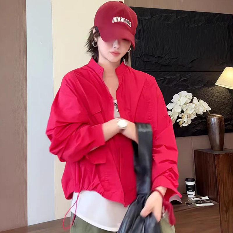 Damen Kurzjacke im koreanischen Stil mit rotem Stehkragen - 2025 Frühjahr/Sommer Casual Trend.
