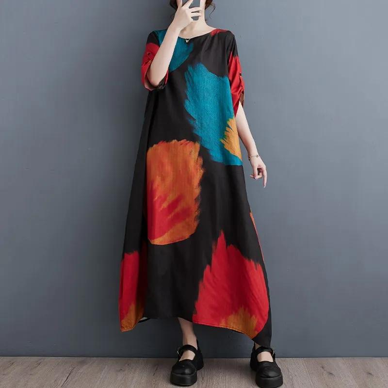 Short Sleeve Plus Size Vintage Floral New In Dresses for Women Casual Loose Long Summer Dress