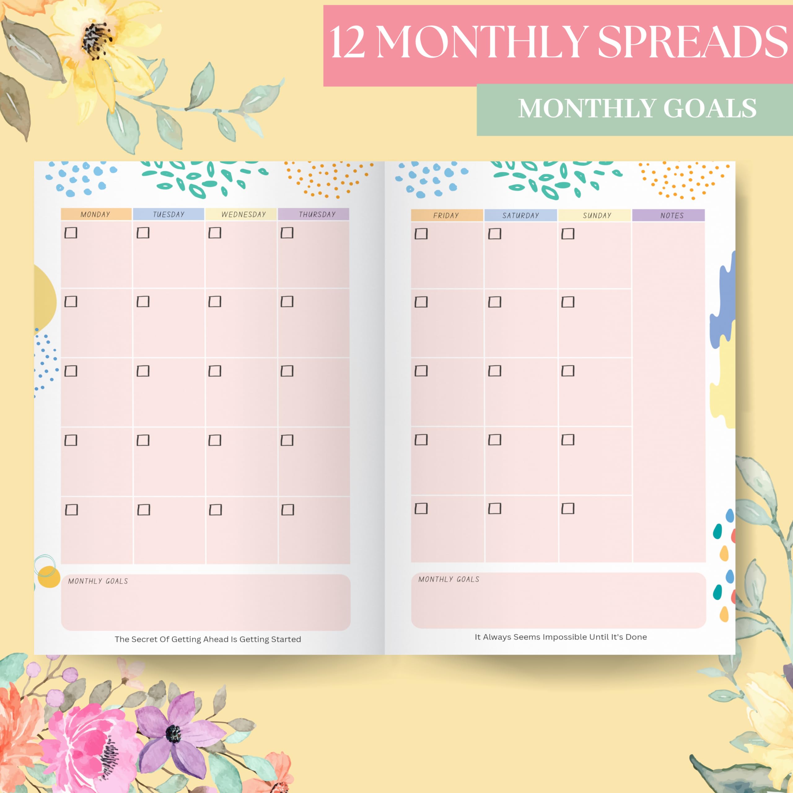 LAURET BLANC 12Months Undated Planner, 12 Monthly Spreads, 52 Weekly Spreads, Habit Tracker, Utility Pages, Paperback (M