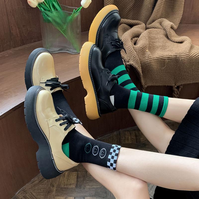 5/10 Pairs Green Checkered Black and White Pattern Mid Calf Socks Trendy Brand with Smiling Face Color Blocked Stripes Collegiate Style Cotton Socks