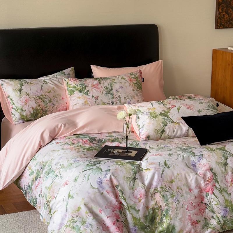 French Pastoral Oil Painting Style 100S Pure Cotton Satin Long-Staple Cotton Four-Piece Digital Printing Bedding