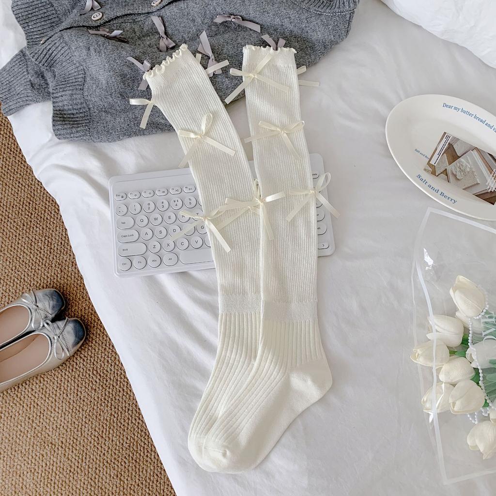 In The Early Autumn Of 2025, New Products, Fungus Edge Calf Socks, Bow Splicing, High Tube Solid Color Jk Knee Socks, Stacking Socks