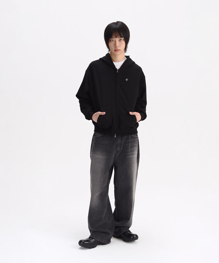 Slow Record House Crop Zip-Up Hoodie_Black