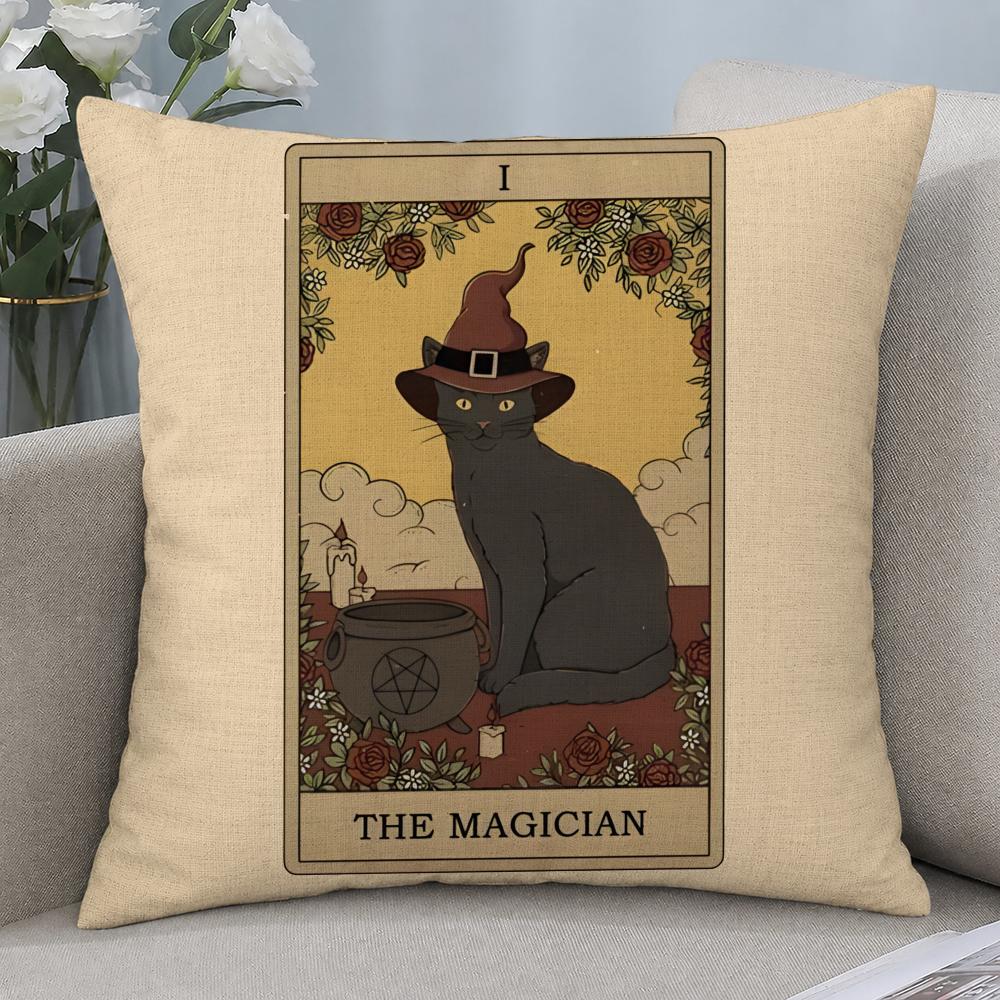 Art Tarot Card Cat Cushion Cover Cushion Covers Natural Linen Breathable Sofa Bedroom Decor Pillowcase
