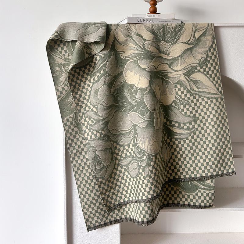 Imitation Cashmere Peony Artistic Sense Retro Style Texture Printing Double-sided Warm Scarf Shawl Woman