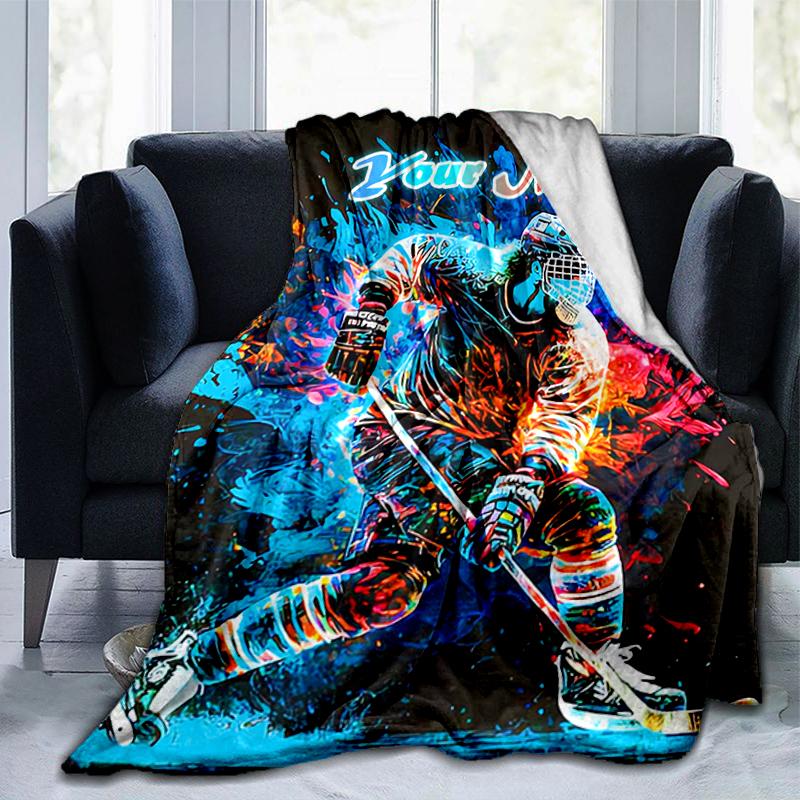 1PC Custom Name "Dynamic Hockey Player Artwork" Flannel blankets Patterns Throw Blanket All-Season Soft Gift for Couch, Bed, Camping gifts