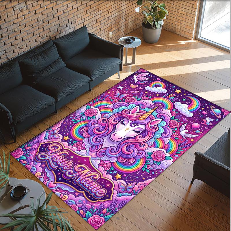 Alfombra de Suelo de Terciopelo de Cristal con Temática de Unicornio, Alfombra Cálida Personalizada con Nombre y Texto, Decoración del Hogar