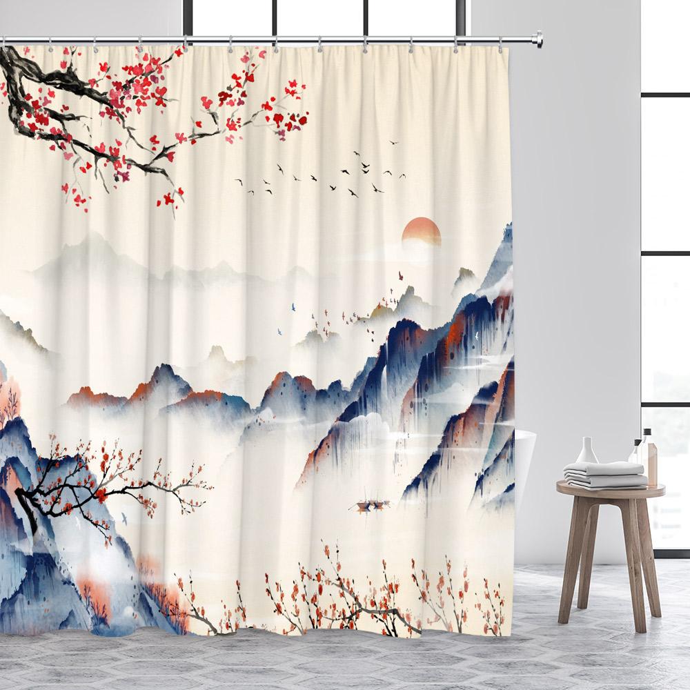 Japanese Style Shower Curtain Pink Cherry Blossom Floral White Crane Mountain Koi Carp Ink Scenery Modern Bathroom Curtain Decor