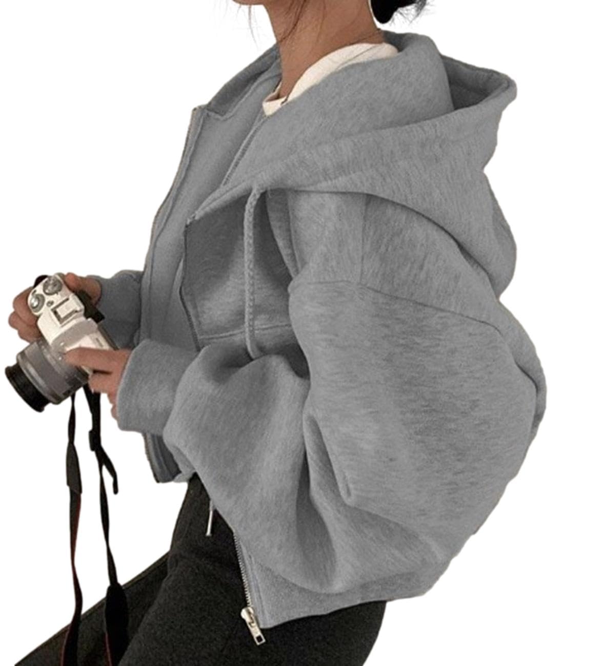 

andrei Short Cropped Hoodie with Fleece and Warm Cold Weather Protection Women s Zip-Up Lining, Hood, Pockets, (Gray, XXL)