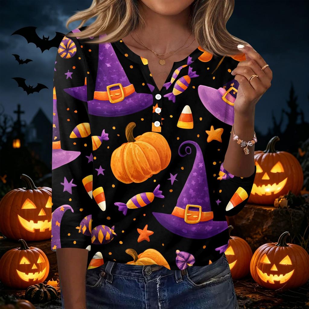 Women's Casual Halloween Print V Neck Button Front Three Quarter Sleeve T Shirt Top Lightweight Comfortable Fall Shirt