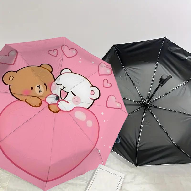 1pc Bear Heart Automatic Folding Umbrella 8 Rib Iron Frame, Compact Portable Umbrella Suitable for Travel, Daily Use, Birthday, Women & Men Gift 058