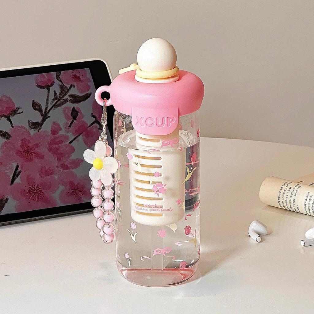 Straw Cup Student Vacuum High Value Flower Tea Cartoon Cup Portable Straw Glass Large Capacity Summer Cup