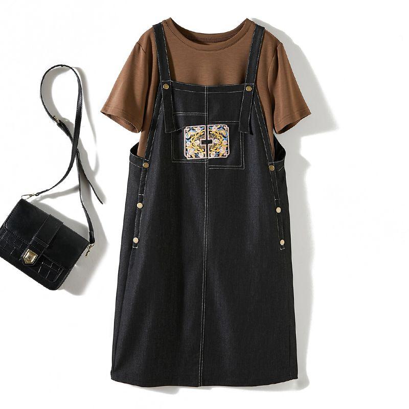 

School Girl Anti-Aging Fashion Suit Skirt Summer! round Neck Short Sleeve Cotton T-shirt + Large Pocket Strap Denim Cotton Dress Black 4XL