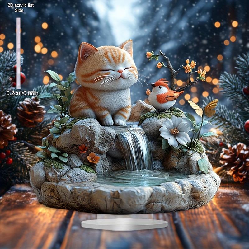 Little Cat and Hummingbird Statue, Floral Accents, Studio, Cafe, room, Table Ornament Desktop Decor Gift, Nurseries, Home Desk Living Room Decoration